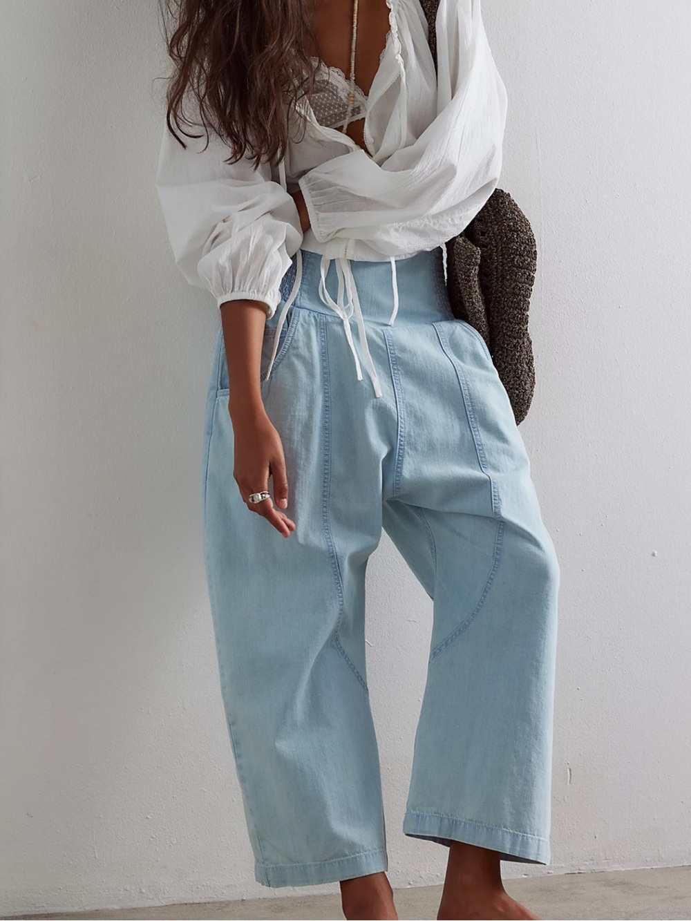 Free People Light Blue Wide-Leg Denim Jeans with Smocked Waist - Picture 1 of 3